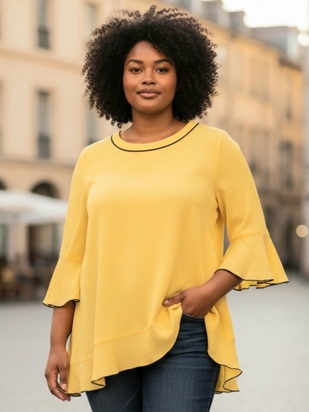 Ic By Connie K Yellow Ruffle-Hem Tunic with Black Trim